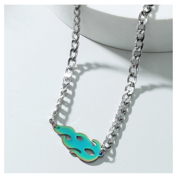 Fire Flame Gunmetal Charm Cuban Link Necklace Silver Colored Chain - Picture 2 of 5